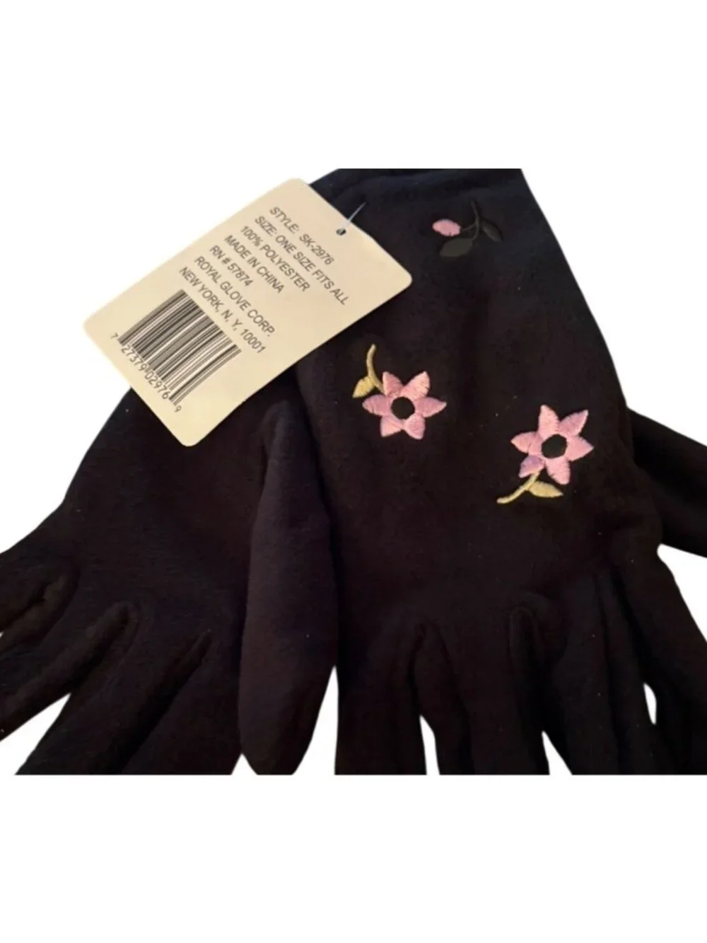 Womens Warm-Up Embroidered Fleece Gloves Black 1 Size Fits All Floral Design NWT